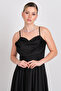 Women's Strappy Flared Satin Fabric Maxi Evening Dress 1795 Black - 3
