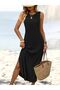 Women's Skirt Oval Slit Sleeveless Viscose Midi Length Dress-Black - 2