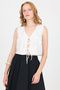 White Embroidered Sleeveless Crop Vest with Tie Detail 8031 - 7