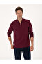 Burgundy Slim Fit Non-Curling Zippered Polo Collar Basic Pique Sweatshirt 50314046-Vr014