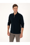 Navy Blue Slim Fit Non-Curling Zippered Polo Collar Basic Pique Sweatshirt 50314046-Vr033 - 3