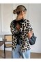 New Season Women's Short Sleeve Crew Neck Leopard Single Jersey Blouse with Bow Detail on the Back