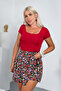 Women's Red Floral Flounced Skirt with Shorts Inside - 2
