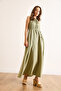 Women's Khaki Muslin Lined Back Deep Decollet Maxi Dress Elb-19002504 - 5