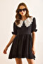 Women's Black Baby Collar Mini Draped Dress Elb-19002508 - 2