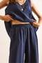 Women's Navy Blue Top V-Neck Bell Blouse Bottom Pocket Pants Soft Texture Suit Tkm-19000413 - 7