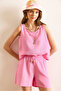 Women's Pink Top Blouse Bottom Pocket Shorts Muslin Set Tkm-19000412