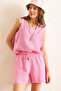 Women's Pink Top Blouse Bottom Pocket Shorts Muslin Set Tkm-19000412 - 5