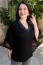 Women's Plus Size Laser Cut V Neck Three Quarter Tulle Detail Sleeve Side Slit Stretchy Viscose Blouse - 3