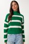 Women's Green Stand-Up Collar Striped Knitwear Sweater ZA00073 - 3