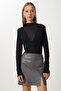 Women's Gray Patterned Slit Mini Faux Leather Skirt Gp00028 - 3