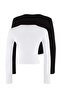 Siyah-Ekru İkili Paket Crop/Kısa Fitted/Vücuda Oturan  Örme Bluz TWOAW25BZ00061 - 9