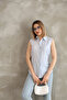 Zero Sleeve Light Blue Striped Cotton Linen Women's Shirt - 4