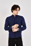 Slim Fit Navy Blue High Collar Hidden Placket Cotton Men's Shirt - 3