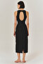 Pure Linen Belt Detailed Floral Embroidered Black Midi Dress - 4
