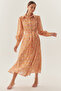 Shirt Collar Long Sleeve Sash Detailed Floral Pattern Midi Length Dress - 3