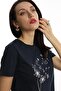 Women's Crew Neck Printed Basic T-Shirt Navy Blue - 3