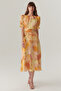 Balloon Sleeve Crew Neck Fitted at the Waist Abstract Pattern Midi Dress