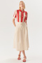 Midi Length Beige Skirt with Double Thin Belt Detail
