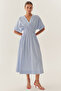 Gathered Waist V-Neck Bat Sleeve Midi Dress