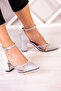 Molly Silver Satin Pointed Toe Stoned Mesh Thick Heeled Evening Dress Shoes - 3