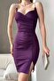 Purple Scuba Fabric, Low-cut and Slit Detailed, Stone Design, Strappy Mini Evening Dress 582524 - 7
