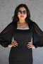 Black Women's U-Neck Sleeves Tulle Collar Stone Detail Evening Dress - 5