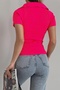 Women's Stretchy Knitwear Fabric V-Neck Short Sleeve Basic Fuchsia Blouse 0271 - 2