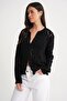 6934 Women's Diamond Patterned Seasonal Openwork Cardigan Black - 2
