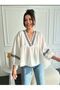 Sleeves Balloon Embroidery Detailed Sleeves Lasdik Linen Fabric Blouse - 2