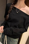 Black Women's Off Shoulder Boat Neck Oversize Long Sleeve T-Shirt - 3
