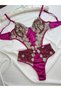 Purple Lace Floral Embroidered Satin Detailed Transparent Bodysuit - 5