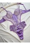 Lilac Lace Flower Embroidered Satin Detailed Transparent Bodysuit - 4