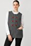 Women's Crew Neck Front Embroidered Wool Vest Smoked