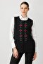 Women's O-Neck Front Embroidery Embroidered Wool Vest Black
