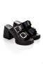 Women's Black Gold Buckle Orthopedic Heeled Slippers - 3