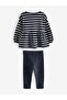 Cotton Navy Blue Striped Floral Patterned Long Sleeve Top and Bottom Set - 4