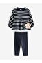 Cotton Navy Blue Striped Floral Patterned Long Sleeve Top and Bottom Set - 3