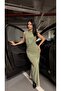 Drape Collar Lined Zippered Gathered Slit Sandy Fabric Khaki Dress - 4