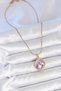 Golden Steel Chain Purple Enamel Pearl Flower Portrait Necklace for Elegant Woman