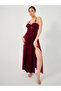Ruffle Edge Apex Strap Bow Detail Velvet and Mesh Front Slit Maxi Babydoll