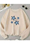 Star Print Detailed Crew Neck Fleece Sweatshirt