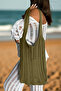 Women's Wave Patterned Knitted Casual Knitwear Khaki Beach Bag 40X36 - 3