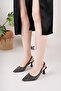 Women's Evening Dress with Stone Details Black Satin Open Back 6 cm Heels