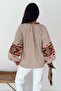 Women's Beige Ethnic Pattern Lace-Up Collar Bohemian Style Long Sleeve Embroidery Embroidered Cotton Blouse - 5