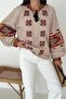 Women's Beige Ethnic Pattern Lace-Up Collar Bohemian Style Long Sleeve Embroidery Embroidered Cotton Blouse - 6