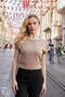 Women's Modal Combed Cotton Wide Zero Collar Off Shoulder Epaulet Short Sleeve T-Shirt Blouse-Camel
