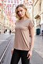 Women's Modal Combed Cotton Wide Zero Collar Off Shoulder Epaulet Short Sleeve T-Shirt Blouse-Camel - 6