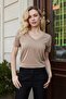 Women's Silky Modal Combed Cotton Stretchy Fabric V-Neck Off-Shoulder Short Sleeve T-Shirt Blouse-Camel - 5