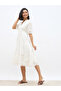 Women White Schiffli Puff Sleeves Tiered Midi Dress - 3